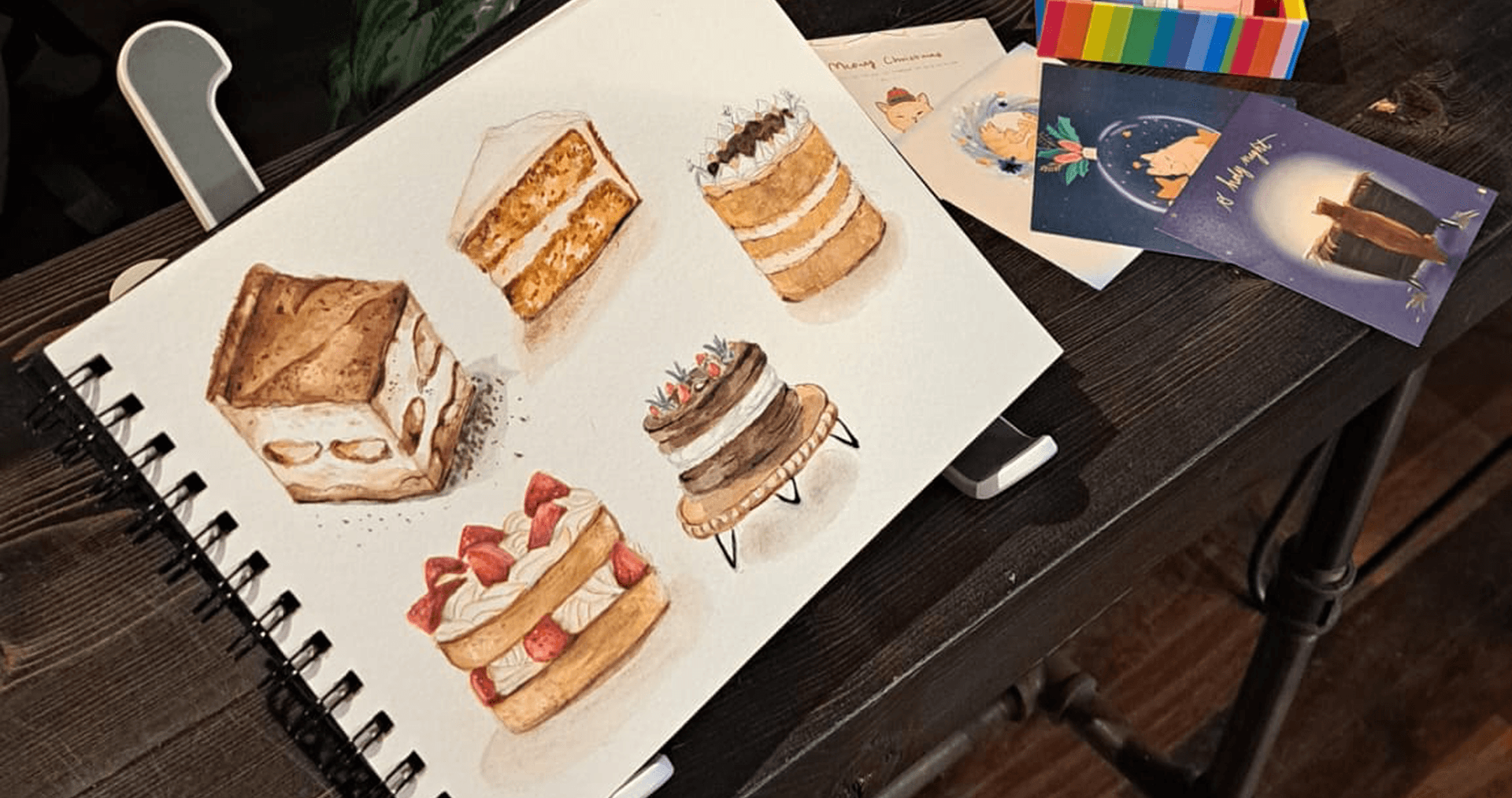 Event illustration capturing dessert table and guests